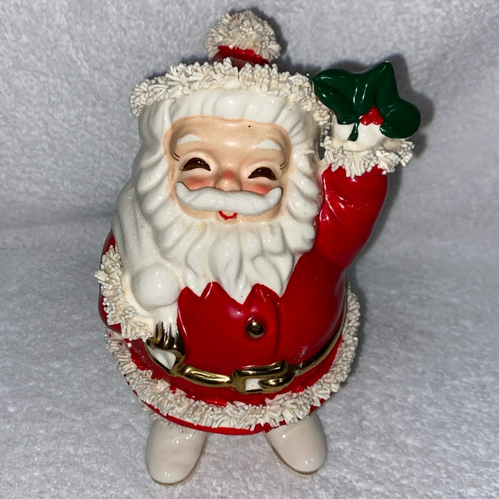 Ceramic Santa Claus Figurine Coin Bank Spaghetti Trim Vintage Japan Chri…